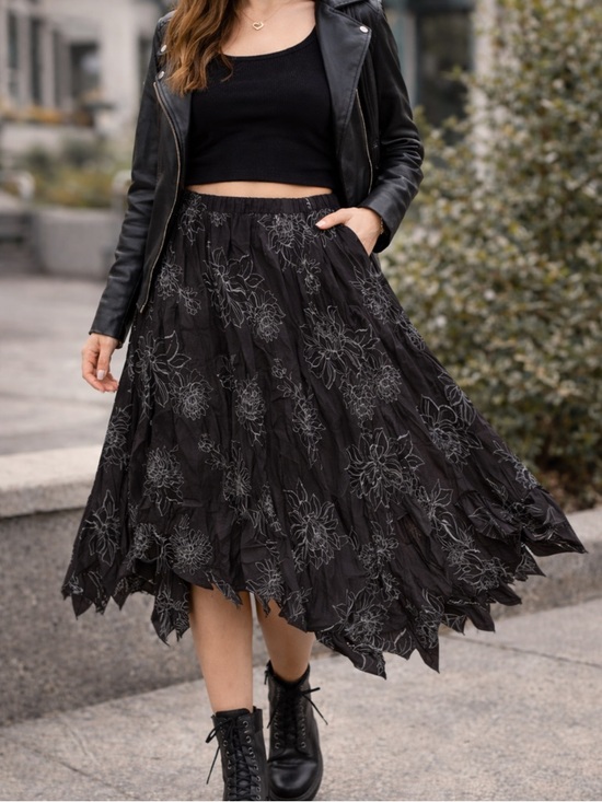 Isda & Co Dresses & Skirts - Black Boho Floral Skirt Asymmetrical Hem Flowy Fairy Grunge Anthropologie Style
